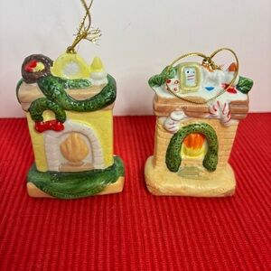 Ceramic  Fireplace Christmas Ornament Set of 2 - Green and Yellow